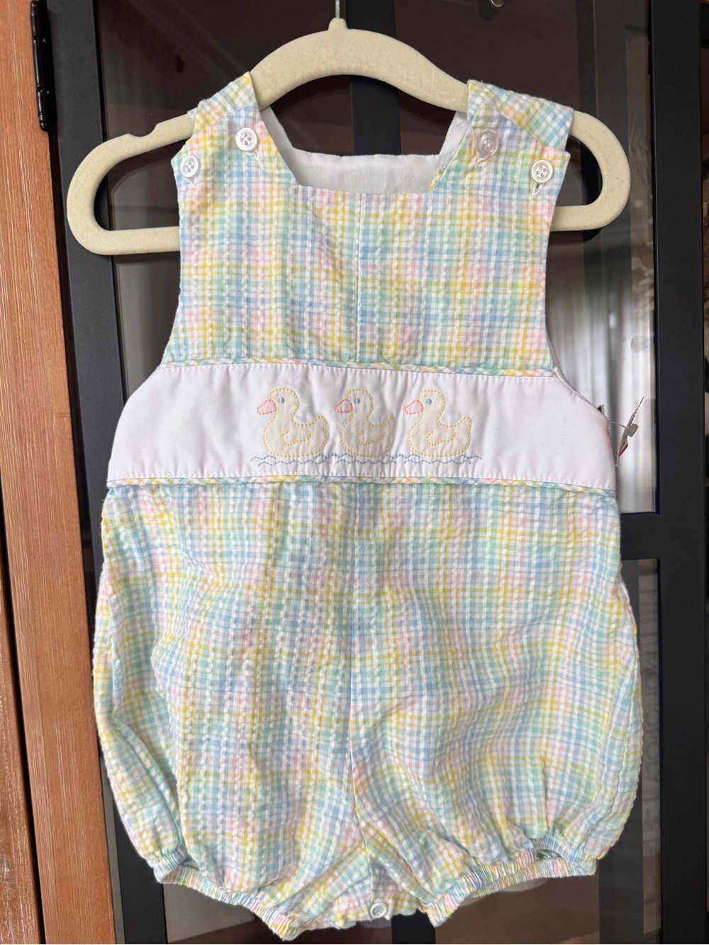 Bailey Boys ducks embroidered smock bubble plaid pastel easter baby boy romper
